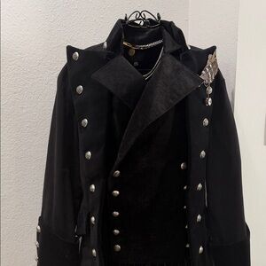 Black Double-Breasted Military Style Coat and vest with Elaborate Silver Buttons